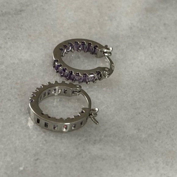 New Item! Sterling Silver Purple Princess Thick Crystal Hoop Earrings - Picture 5 of 5